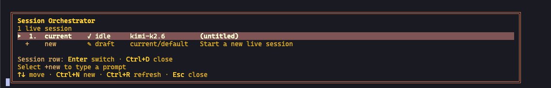 Merlin TUI Session Orchestrator with one live session and a +new row
